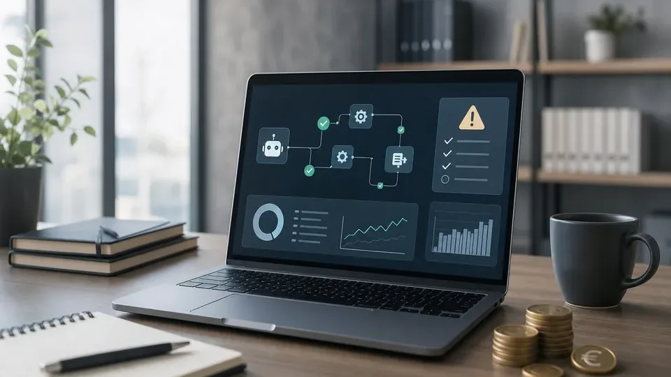 Laptop mit abstraktem KI Bot Workflow, Risikocheckliste und Euro-Symbolen