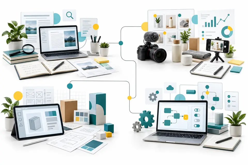 Vier Arbeitsbereiche für KI Geschäftsmodelle: Content, Affiliate, digitale Produkte und Automatisierung