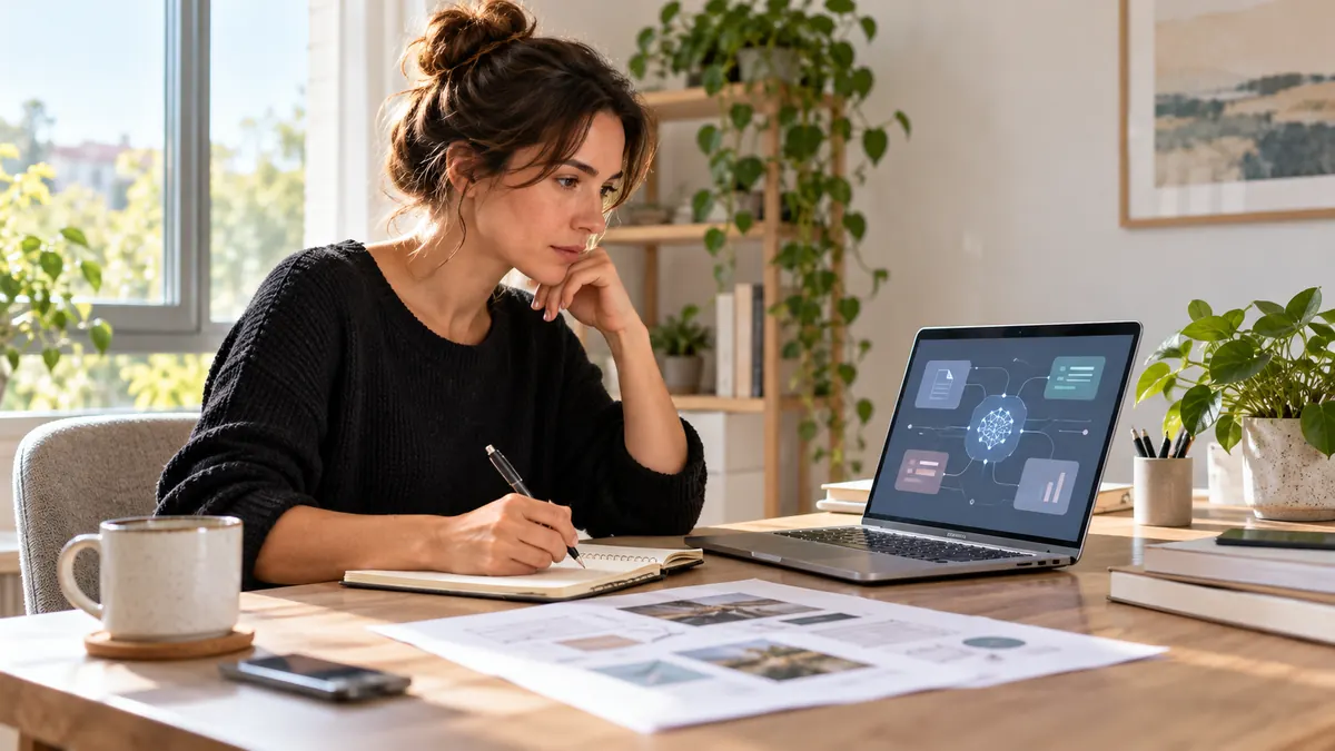 Freiberufliche Content-Strategin prüft einen ChatGPT-gestützten Kundenworkflow am Laptop