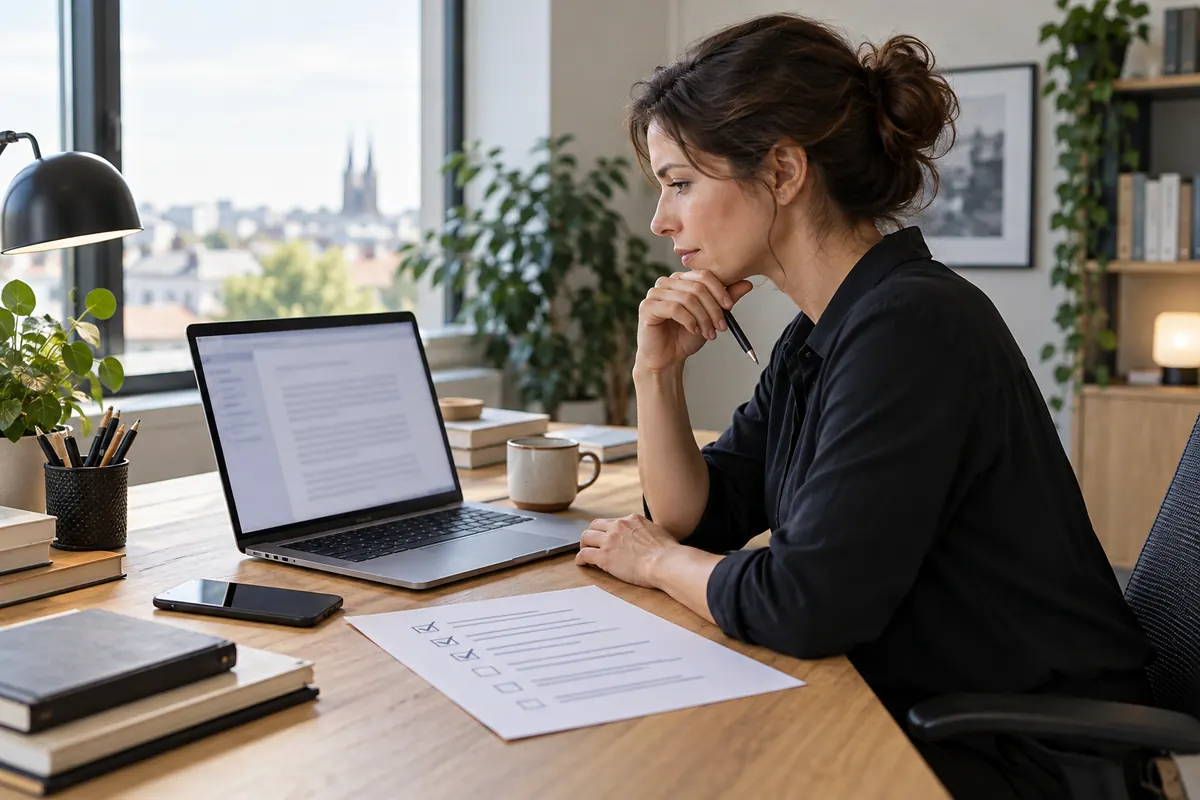 Editorin prüft einen KI-Entwurf am Laptop mit einer handschriftlichen Checkliste