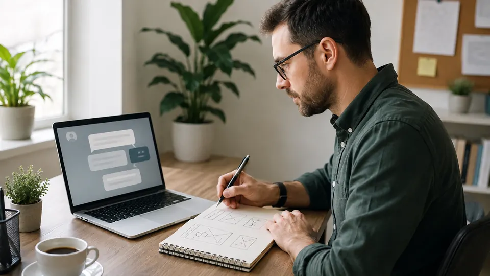 Freiberufler plant mit ChatGPT einen realistischen Nebenjob am Homeoffice-Schreibtisch