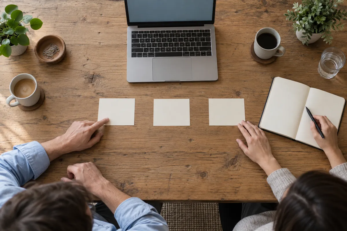 Kleines Team ordnet an einem Tisch Eingabe, KI-Schritt und menschliche Freigabe eines Workflows