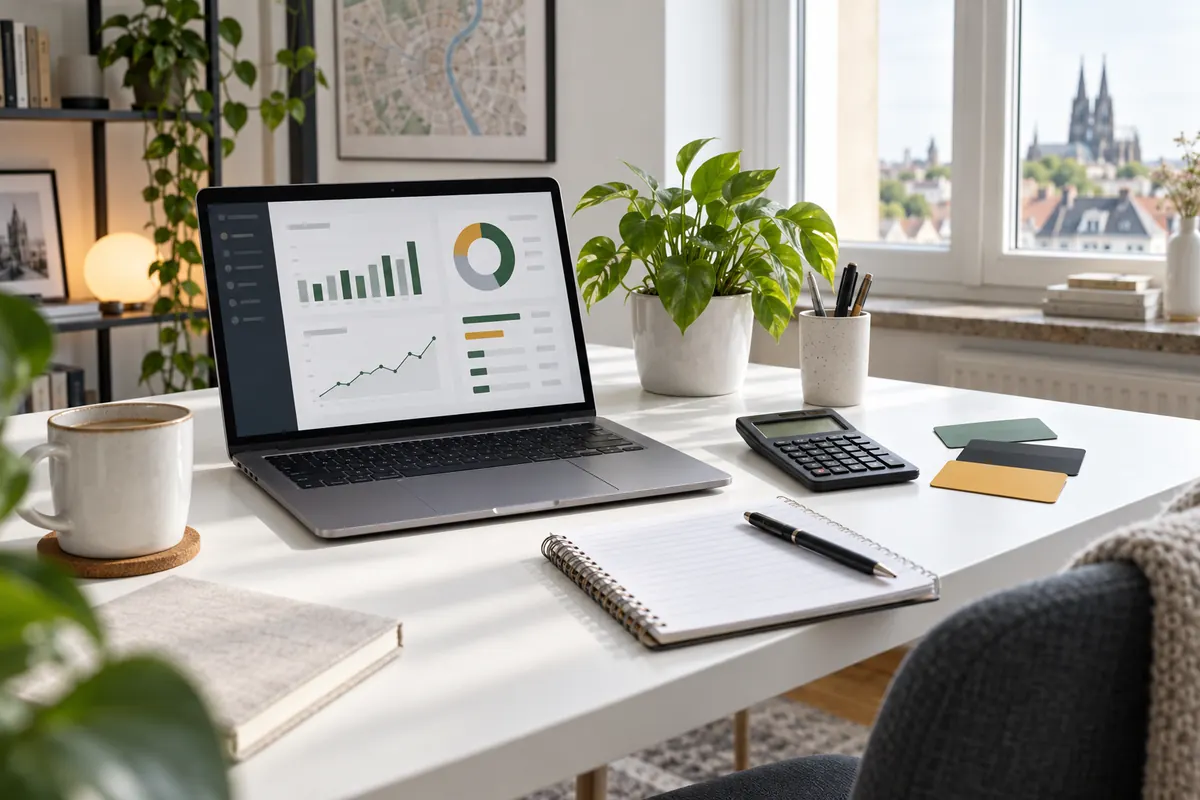 Budgetplanung für ein kleines KI Online-Business mit Laptop, Taschenrechner und Notizbuch