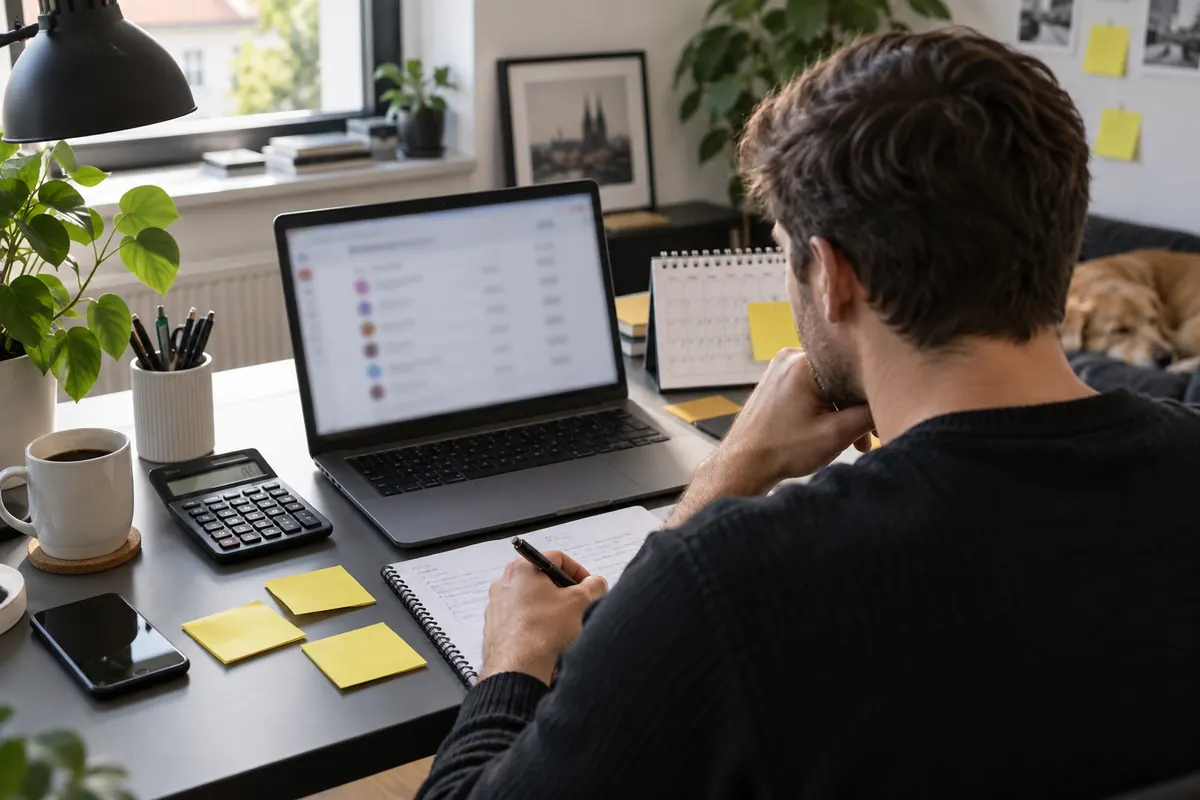 Freelancer prüft monatliche KI-Abos mit Laptop, Kalender und Taschenrechner
