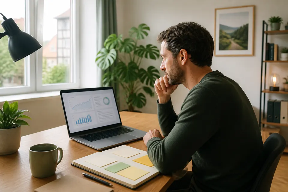 Selbstständiger prüft in einem hellen Homeoffice verschiedene KI-Geschäftsmodelle