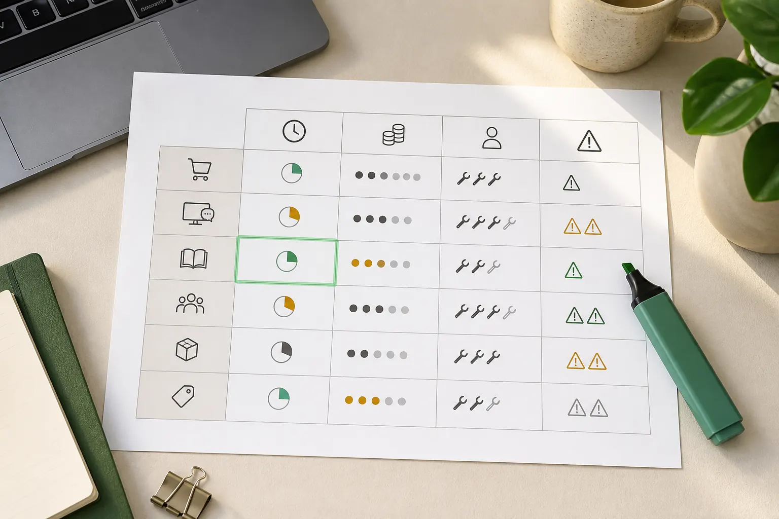 Entscheidungsmatrix mit Symbolen für Zeit, Kosten, Fähigkeiten und Risiko eines KI Business