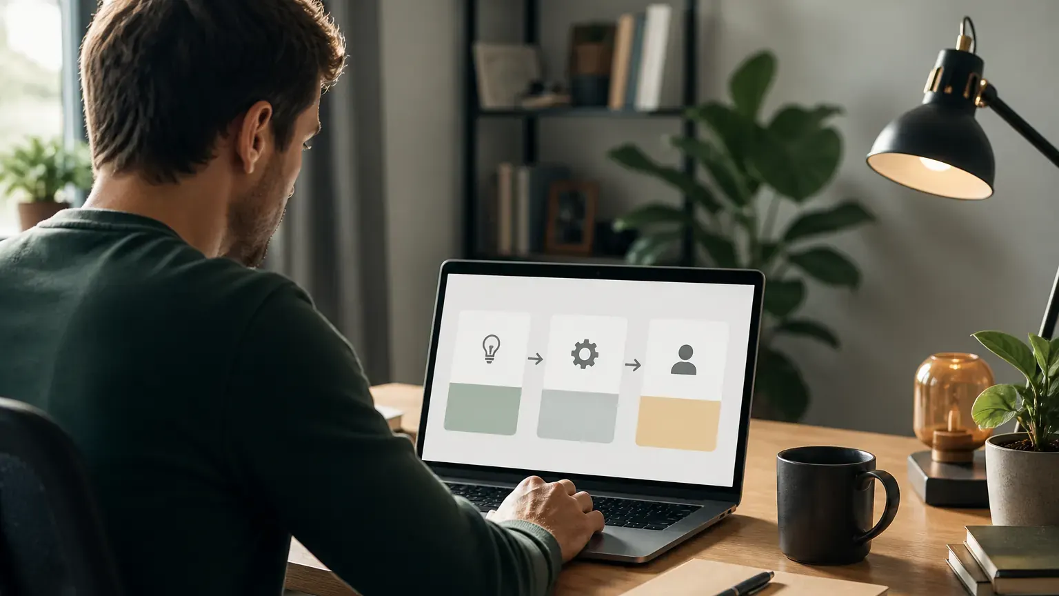 Solo-Gründer plant ein kleines KI Online-Business mit klaren Workflow-Karten am Laptop