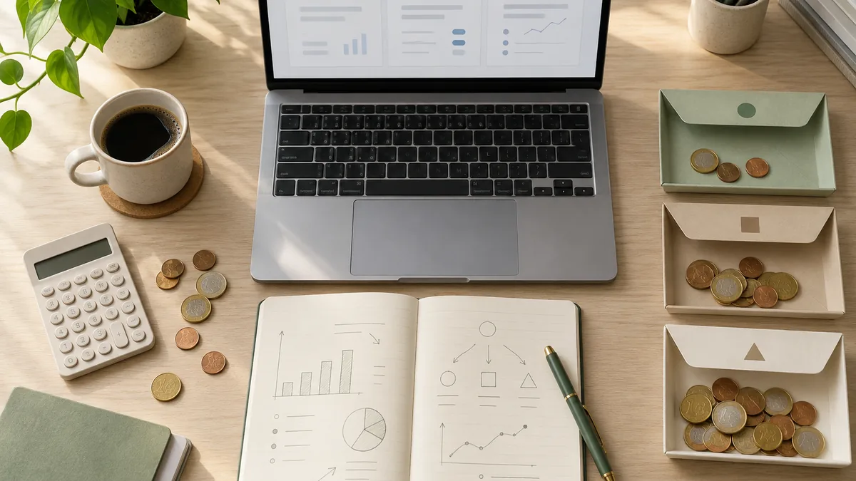 Laptop, Rechner, Euro-Münzen und drei getrennte Budgetablagen für einen KI Tool Stack