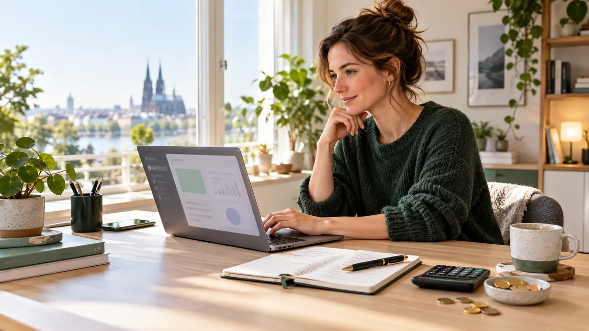 Selbstständige plant an einem hellen Arbeitsplatz einen schlanken KI Tool Stack mit Rechner und Budgetnotizen