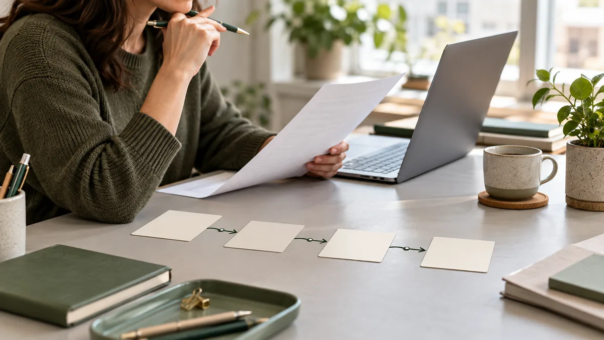 Selbstständige prüft einen einfachen KI Workflow mit vier verbundenen Freigabekarten
