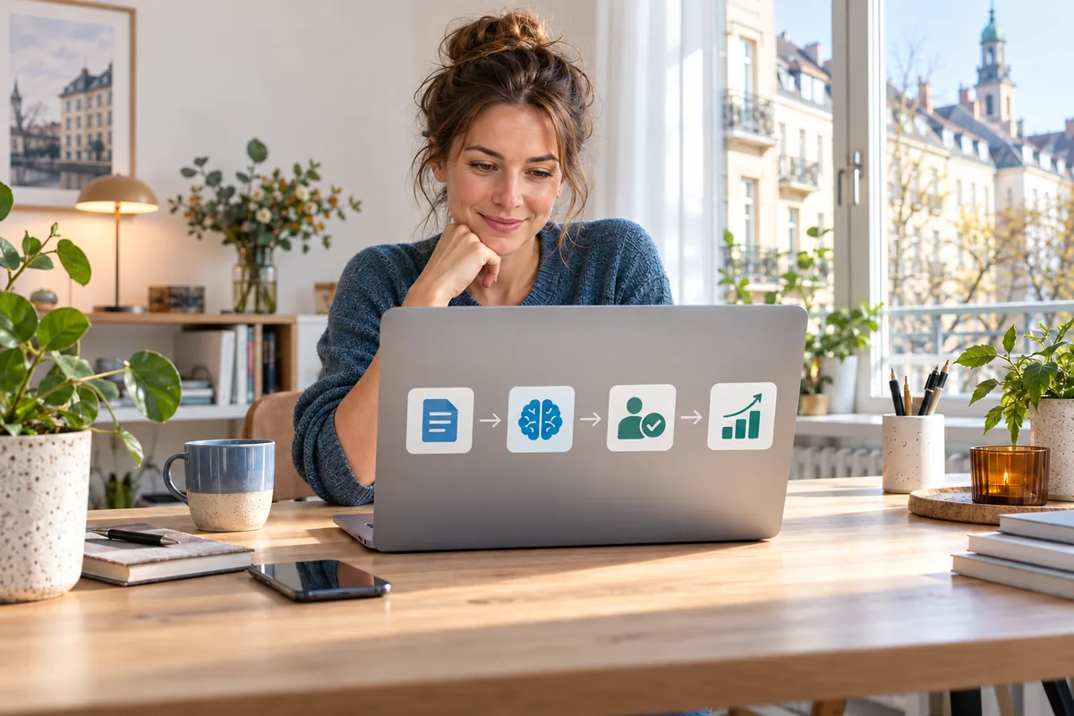 Einsteigerin arbeitet an einem KI Workflow mit klarer Prüfung zwischen Eingabe und Ergebnis
