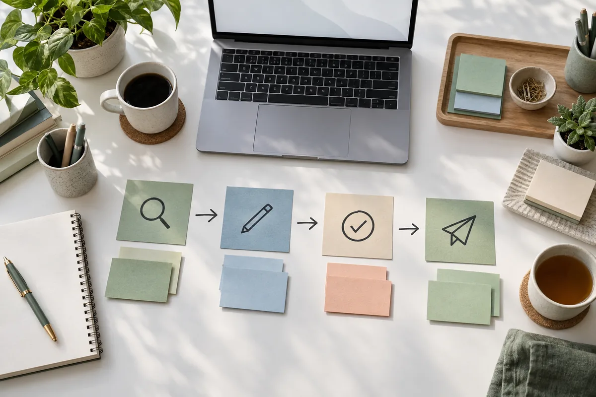 Arbeitsplatz mit vier visuellen Schritten von Recherche über Entwurf und Prüfung bis zur Übergabe