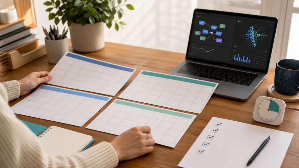 Vier leere Wochenpläne, Laptop mit KI-Projekt und Checkliste für einen Kurs-Test
