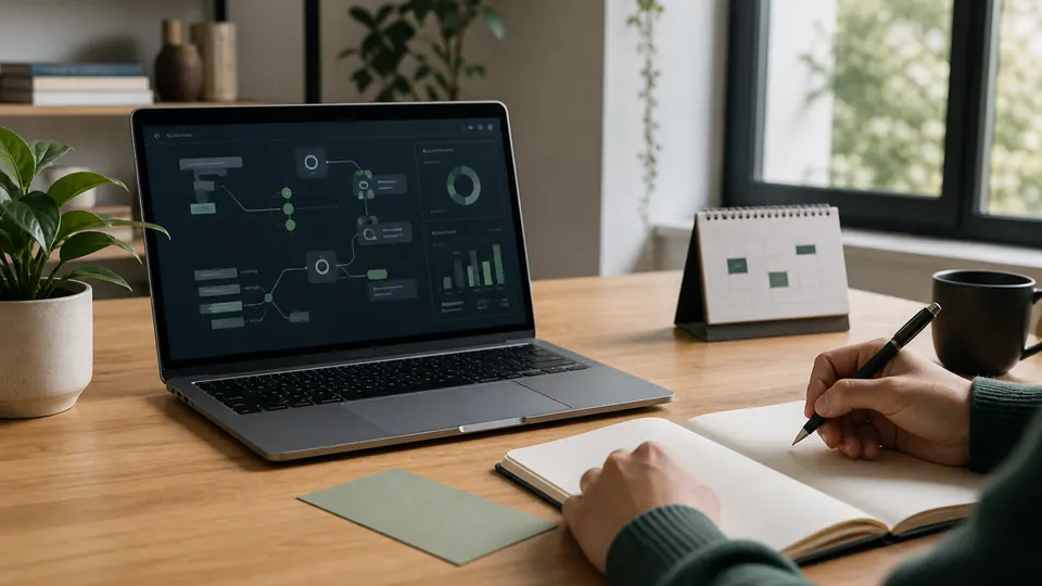 Person prüft ein kostenloses KI Training mit Laptop, Kalender und Notizbuch