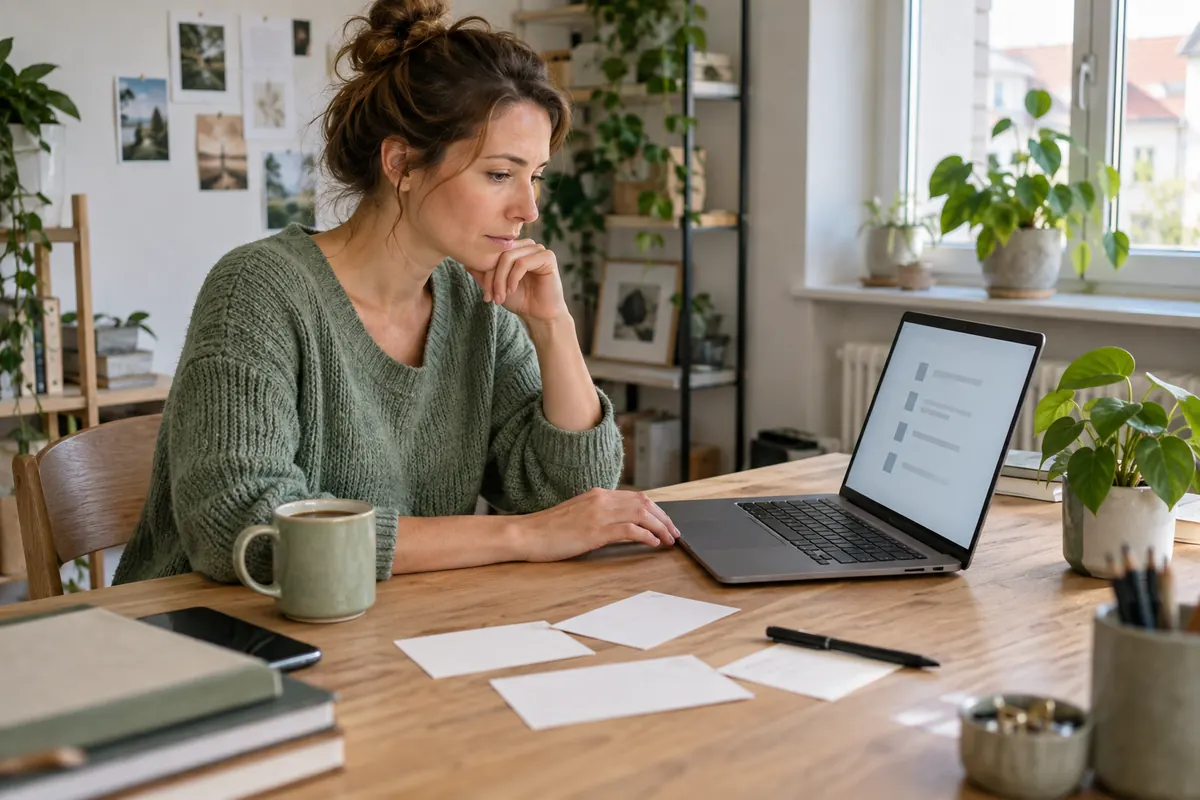Selbstständige prüft an einem hellen Arbeitsplatz einen mit KI geplanten Download