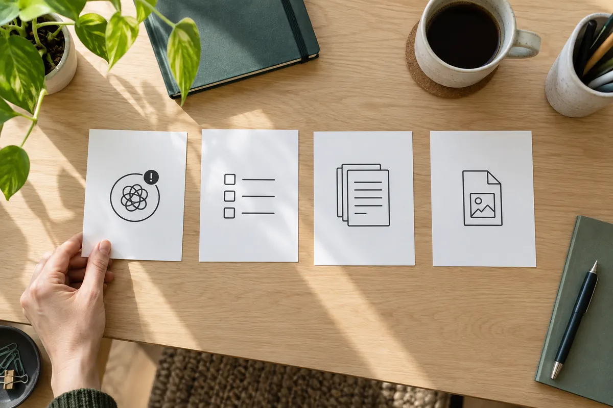 Vier leere Arbeitskarten zeigen den Weg vom Problem über eine Gliederung bis zum fertigen Download
