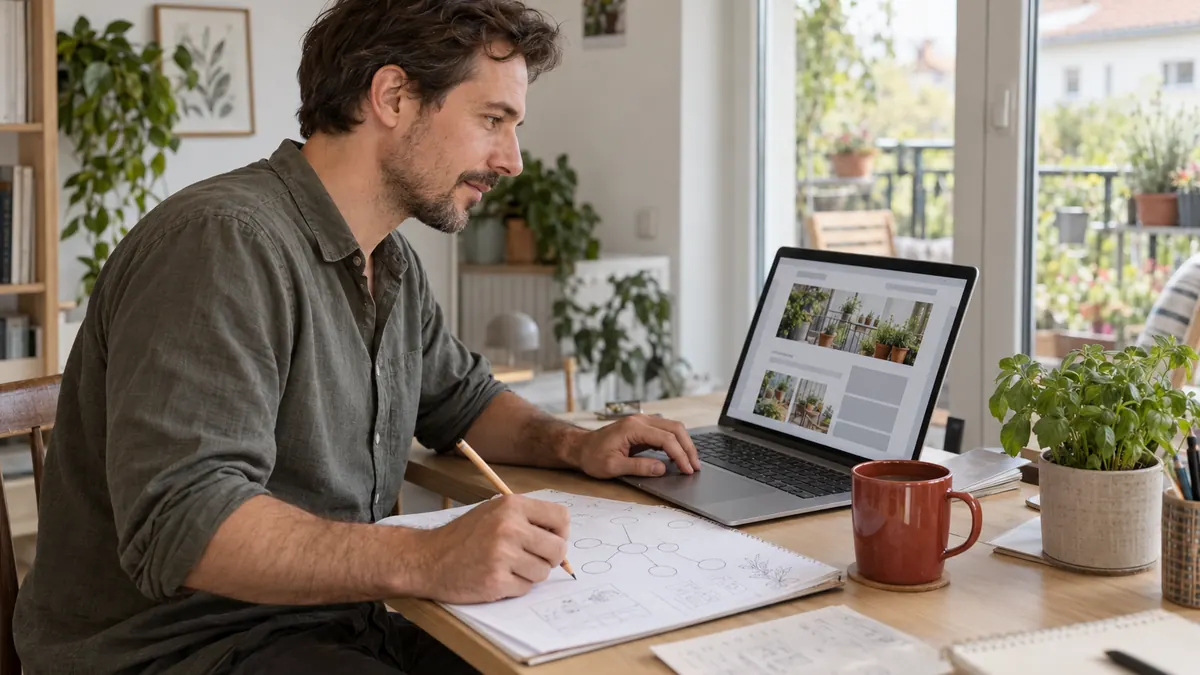 Eine Person plant am Schreibtisch eine KI-gestützte Nischenwebsite